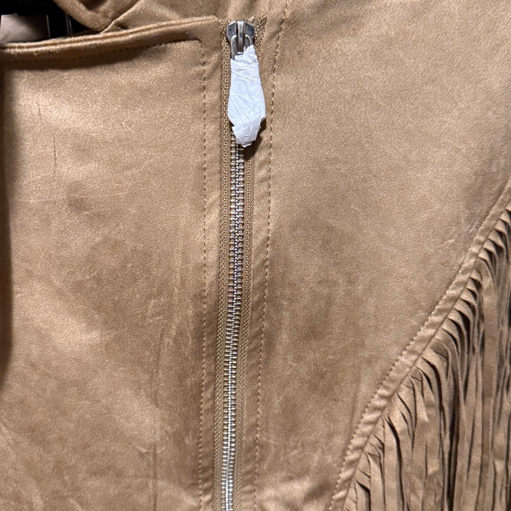 Western Tan fringe cropped moto zip jacket faux suede with belt women’s MEDIUM - Picture 6 of 15